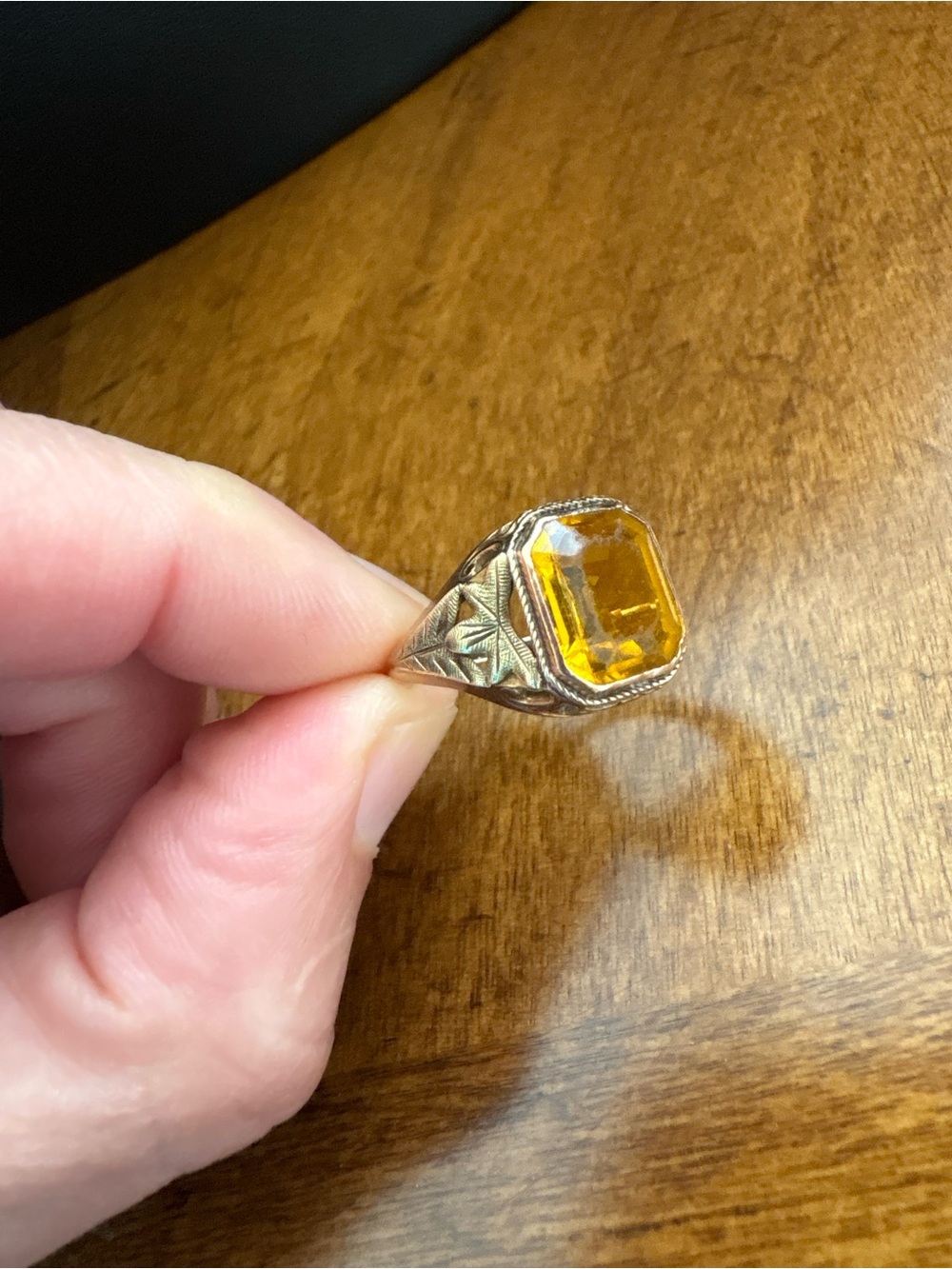 10K Yellow & Green Gold Filigree Ring art deco Orange Stone Vintage Size 5 - Picture 11 of 15